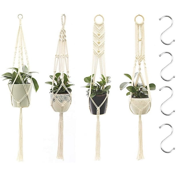 Plantes en macramé à suspendre, 4 pièces panier de support de plantes en  macramé avec 4 crochets de suspension, cintres de plantes en macramé tissés  à la main pour jardin, intérieur, extérieur 