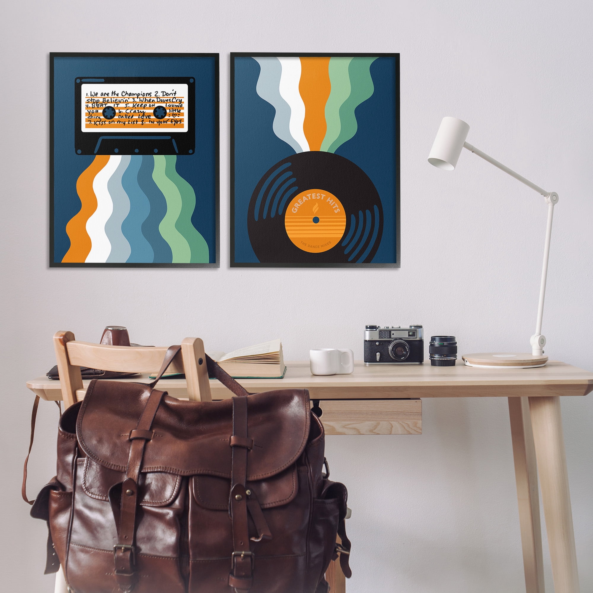 Stupell Industries Retro Music with Stripes Abstract Painting Black Framed Art Print Wall Art, 24 x 30, Set of 2