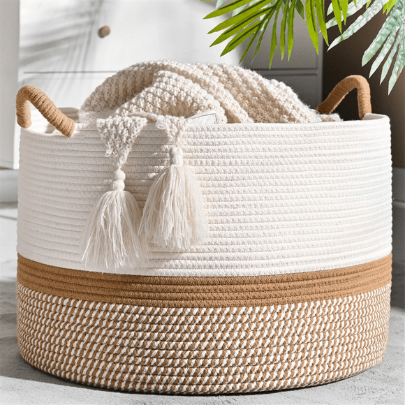 Large Cotton Rope Blanket Basket for Storage, Laundry, Nursery Foldable Storage Basket Dirty Clothes Basket