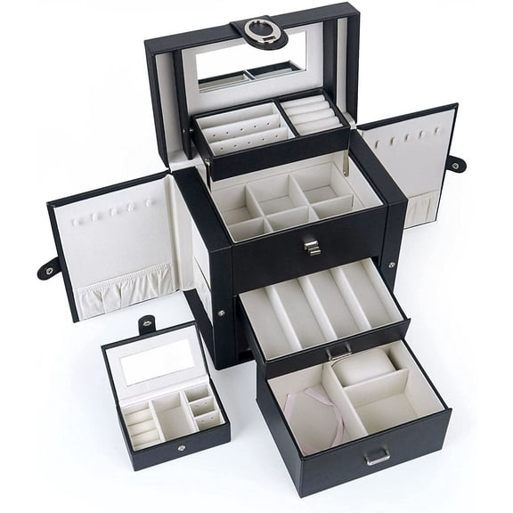 Kendal Jewelry Box for Women, Leather Jewelry Organizer with 2 Drawers and Mirror, Portable Mini Jewelry Case for Necklace, Ring, Jewelry LJC08BK