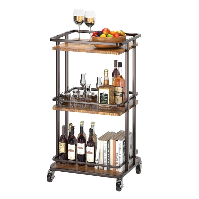 Carrito de bar y servicio XYZLVSI de 3 niveles, madera y metal, 82 cm