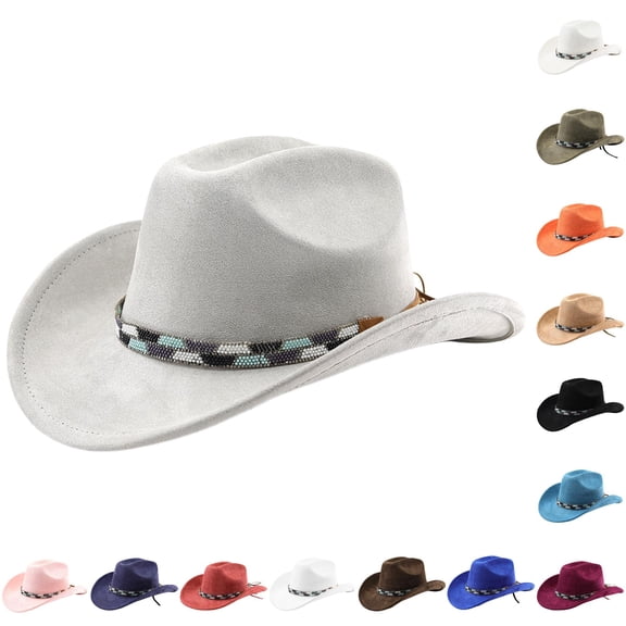 XIAOCHA Beaded Woven Band Suede Cowboy Hat for Women Solid Shapeable Brim Rodeo Western Hat Party Cowgirl Hat,Grey