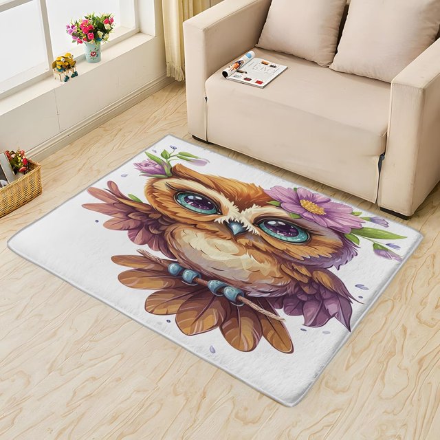 Owl Area Rug 6X8 Living Room, Bird Rugs for Bedroom,Rug Decorations, Cartoon Owl Carpets Fluffy Washable, Soft Ultra-Thin Non Shedding Non Slip Non Toxic Area Rug 17&-10