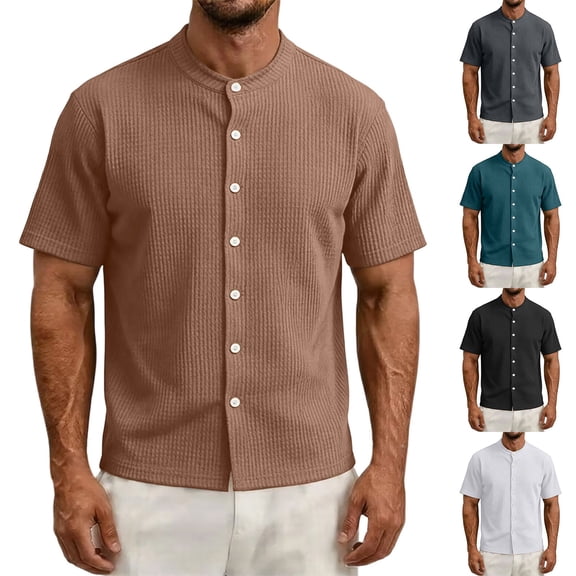 FRSASU Men's Dress Shirts Short Sleeve Button Down Mandarin Collar Shirt Solid Casual Summer Vacation Tops White
