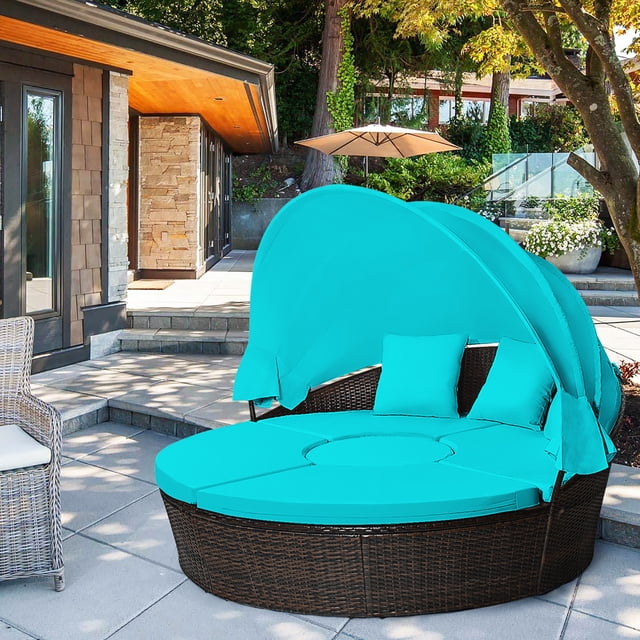 Gymax Lit de Jour Rond en Rotin pour Patio avec Coussins, Table Réglable, 3 Oreillers, Turquoise