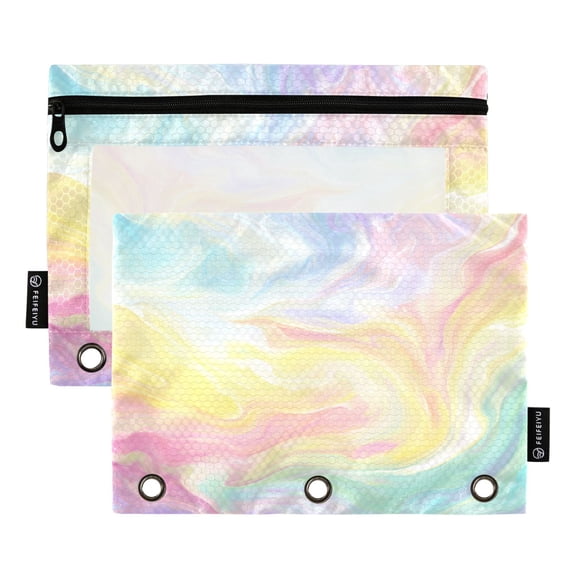 2 Pack 3 Ring Binder Pouch with Clear PVC Window Water Resistant Zipper Pencil Pouch Rainbow Liquid Vortex Binder Pocket for Classroom Office Home Stationery Organization