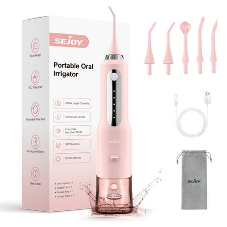 Sejoy Cordless Water Flosser Dental Teeth Cleaner, Professional 270ML Tank USB Rechargeable Dental Oral Irrigator for Home and Travel, 5 Modes 5 Jet Tips, IPX7 Waterproof, Easy-to-Clean,Pink