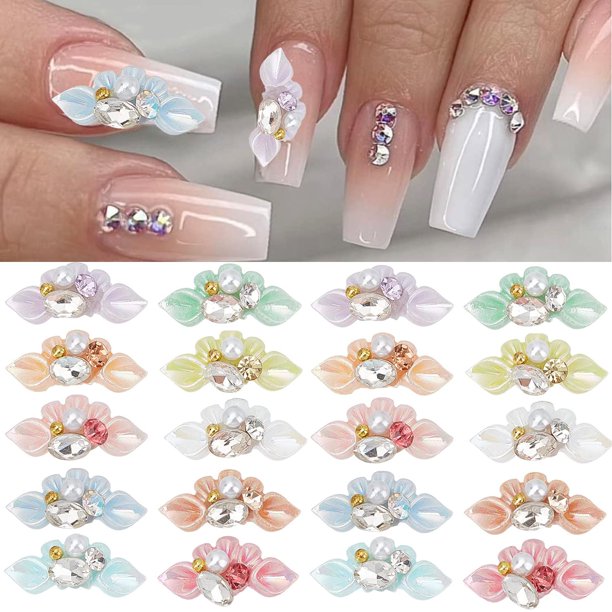 20 piezas de dijes de uñas 3D, dijes de flores para decoración de uñas, pétalos de perlas, gemas y diamantes de imitación hechos a mano por decoraciones de uñas acrílicas, accesorios para mujeres y ni