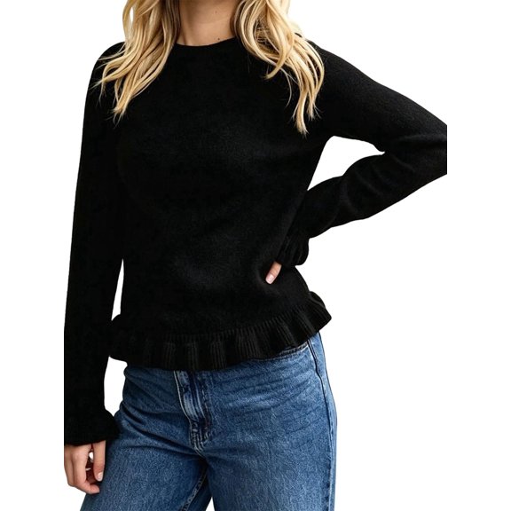 Women'S Solid Crew Neck Ruffle Hem Long Sleeve Knit Sweater Black XL