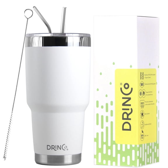 DRINCO 30 oz Stainless Steel Tumbler Double Walled Vacuum Insulated Mug With Spill Proof Lid, 2 Straws, For Hot & Cold Drinks, Artic White