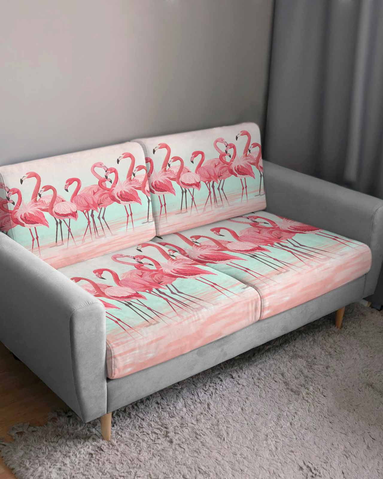 Pink Flamingo Couch Cushion Covers,Stretch Seat Cushion Covers for Sectional Sofa,Summer Tropical Flamingo Hawaii Animals Individual Sofa&nbsp;Slipcovers Furniture Protector Elastic Straps 1Pcs,S