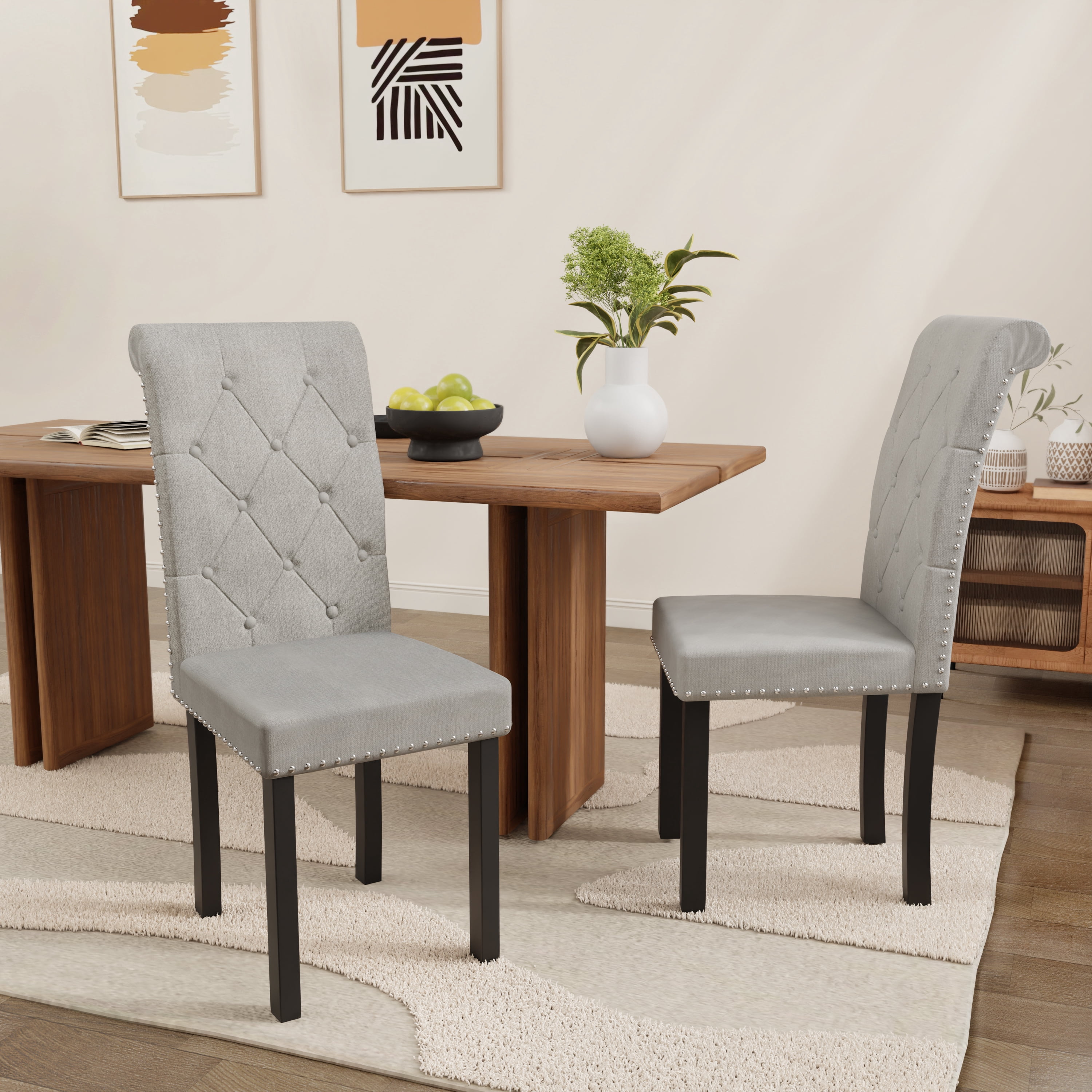 DONICK Rolled-Up High-Back Upholstered Dining Chairs With Tufted Solid Wood Legs Nailhead Trim For Home,Restaurant,Dining Room(Gray,Set of 6)