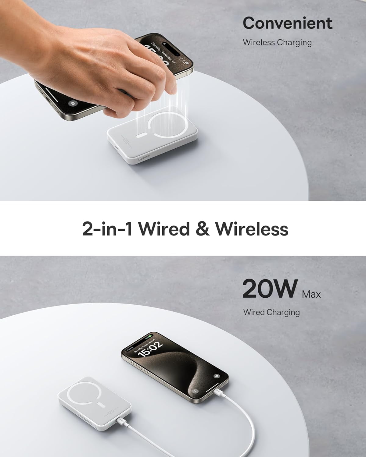 Baseus Magnetic 5000mAh Power Bank, Wireless Portable Charger for iPhone 17/16/15/14, Fast Charging Battery Pack, Gray
