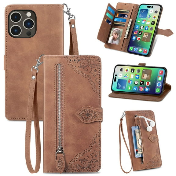 Jiahe Cover for iPhone 13 Pro Max, Luxury Folio Flip Wallet Leather Cover Zipper Pocket Magnetic Closure Wrist Strap Kickstand Protective Case, Brown