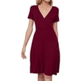 thumbnail image 2 of Pompotops Robe de Mode pour Femmes Unie Décontractée Col en V Longueur Genou Manches Courtes Longue Robe, 2 of 8