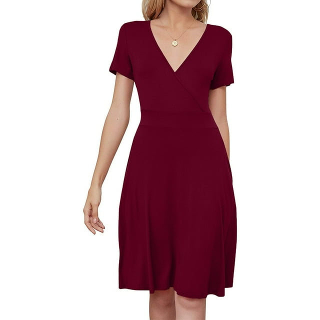 FcBaudy Robe à Manches Courtes Col en V Hauteur Genou, Robes d'Été pour Femmes, Robes de Mode pour Femmes Robe Longue Décontractée Col en V Longueur Genou