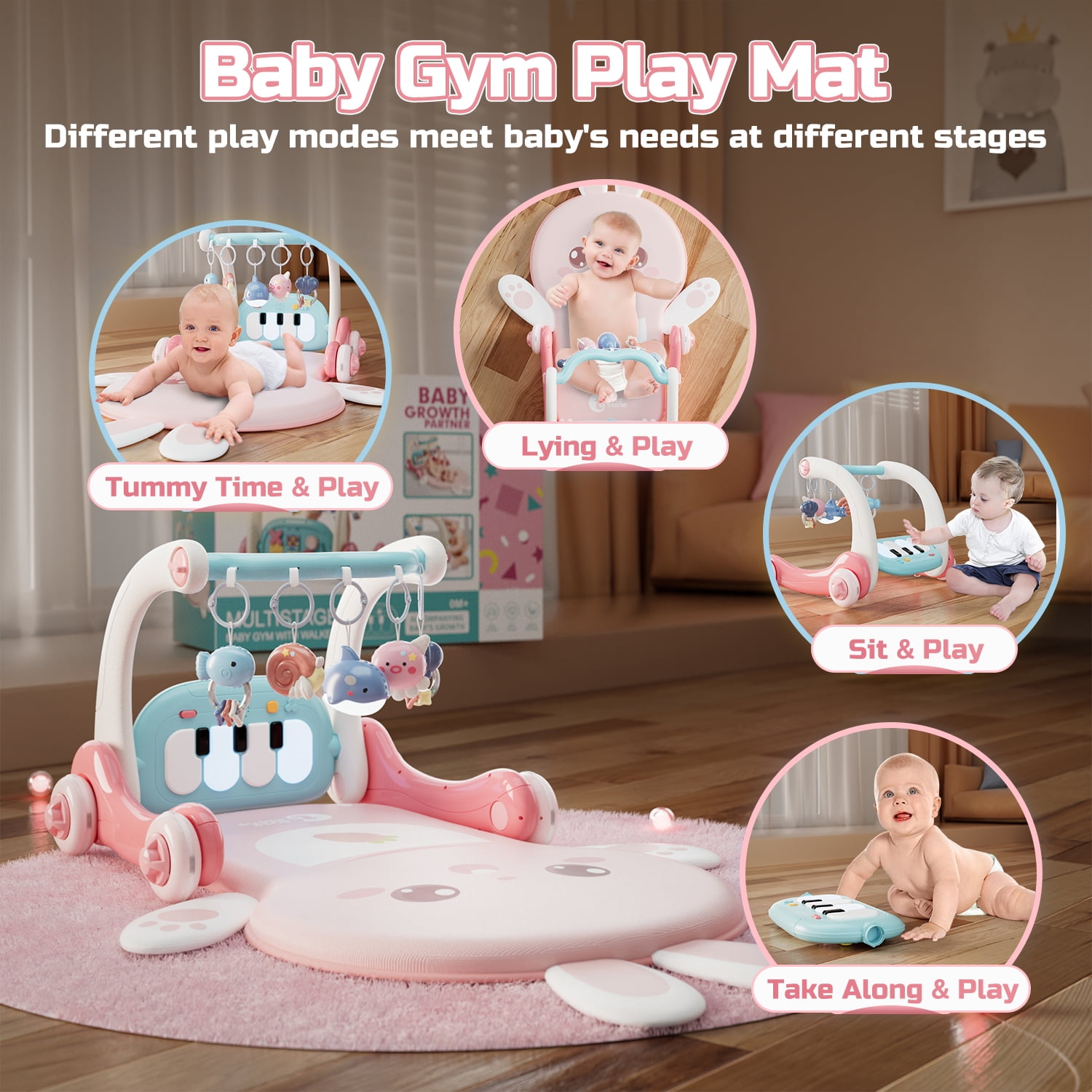 JoyStone 4 in 1 Baby Gym Play Mat & Baby Learning Walker, Baby Activity Mat with Kick and Play Piano for Infant Newborn Toddlers