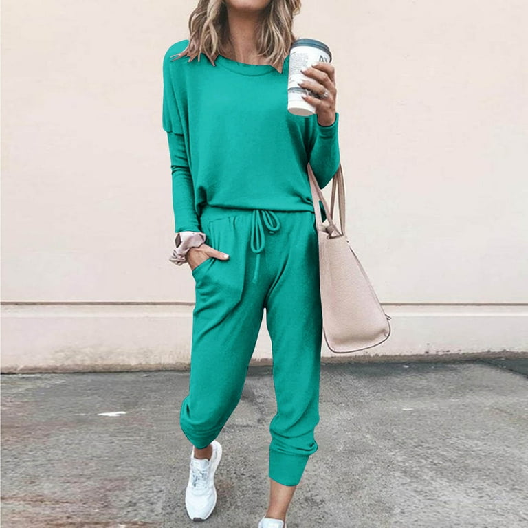 Amtdh Trendy Sweatsuits for Womens Clearance Solid Color Long Sleeve Pullover Sweatpant Set 2 Piece Tracksuit Casual Plus Size Lightweight Loose