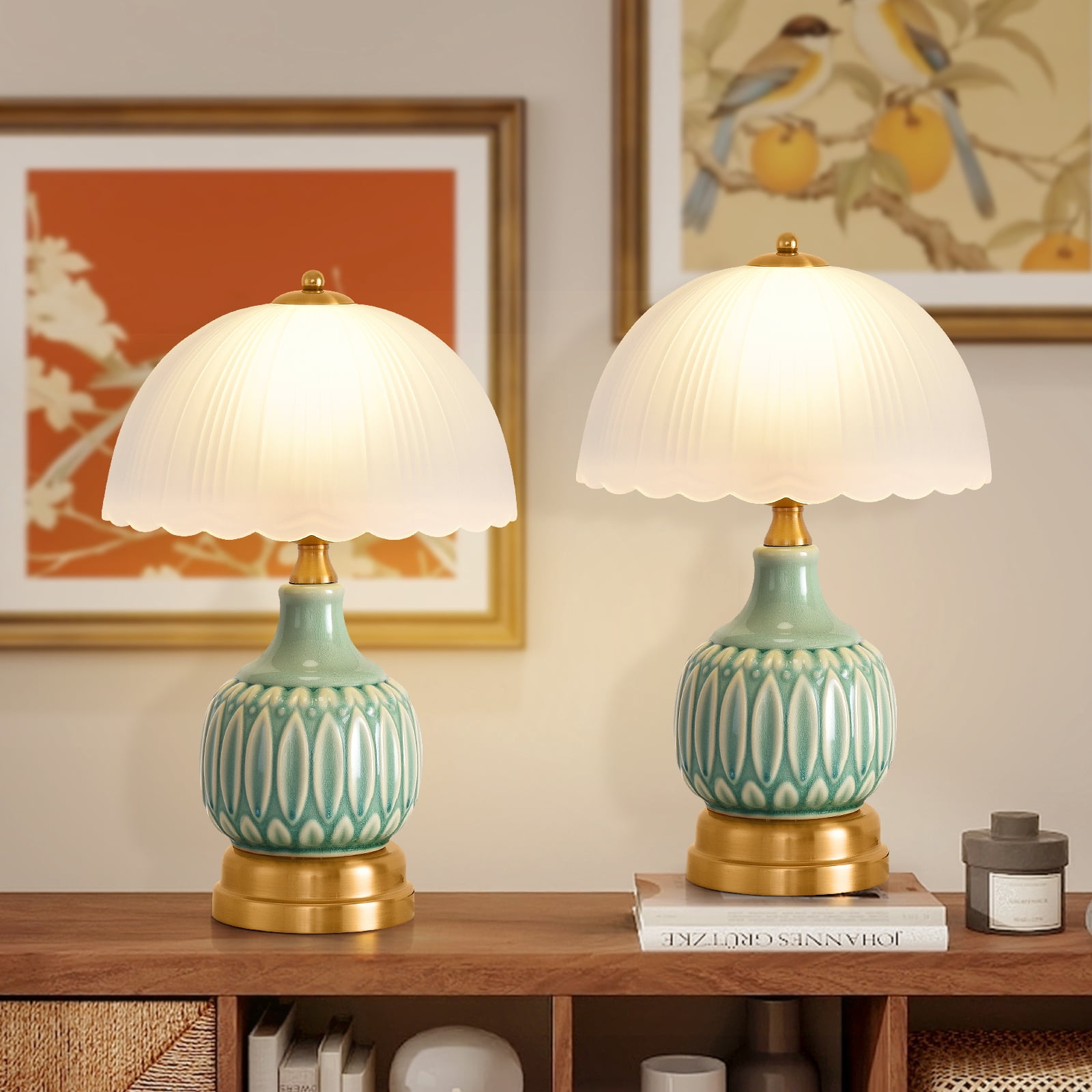 Table Lamps for Bedroom Vintage Golden Table Lamps for Bedroom Ceramic Retro Lamp for Living Room,16" Modern Bedside Nightstand Traditional Lamps, Classic Chinoiserie Green Glass Lamp for Home Decor