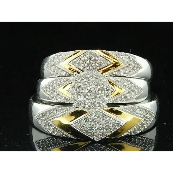 14K Two Tone Gold Plated His-Her Trio Wedding Ring Set 3Ct Simulated Diamond For Anniversary Gift