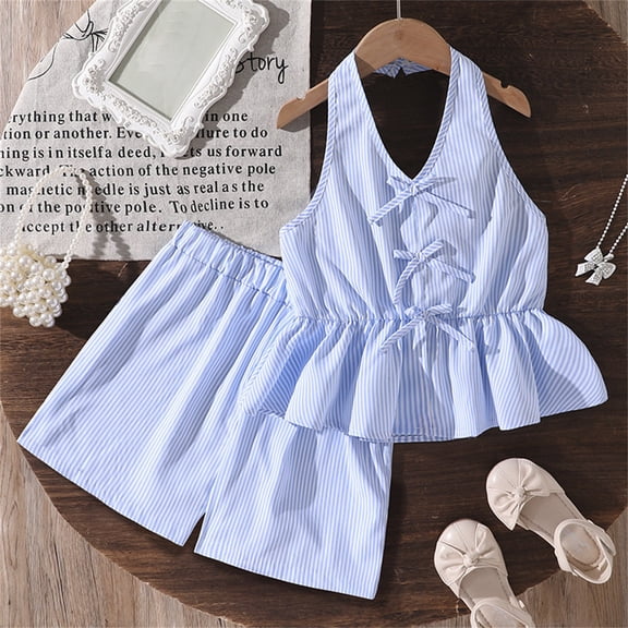 ZHOGXU Big Kids Girls Outfits Sleeveless Halter Neck Striped Print Bow Top And Elastic Waist Shorts Two Piece Fashion Sets For Daily Wear Blue 7-8 Years