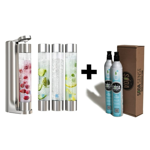 Drinkpod Ultimate Fizzpod Home Soda Maker With 2 CO2 Cylinders, 1 Fizzpod Carbonator, 3 Tall Bottles 1L Each, 3 Caps, 1 Carbonator Cap and manual. Color Silver
