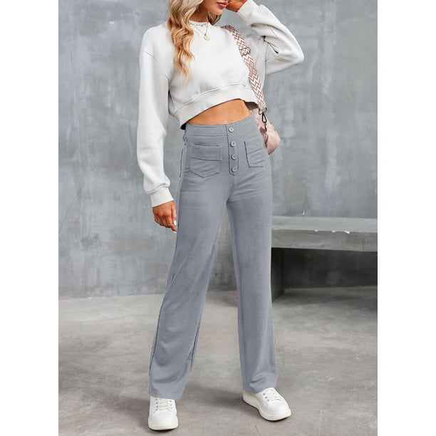Pantalones rectos casuales de moda europea y americana para mujer, cintura alta, botones, banda elástica, múltiples bolsillos