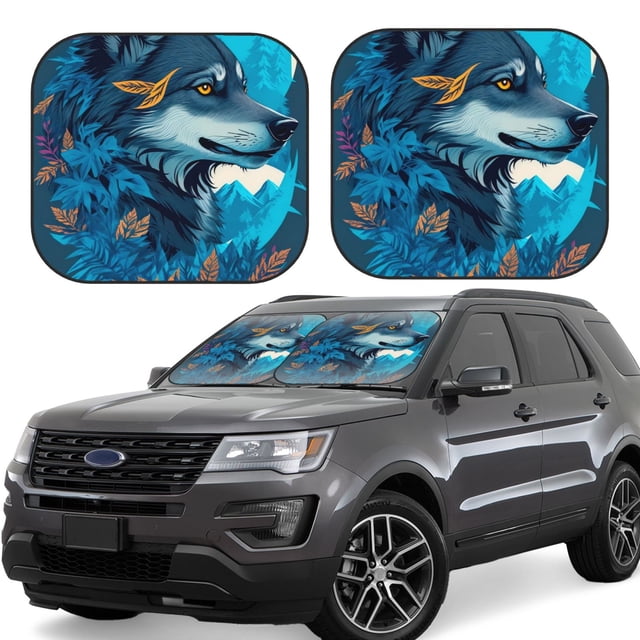 Fotbe Blue Iceberg Leaf Wolf Juego de 2 Piezas de Parasoles para Parabrisas | Bloqueador Solar para Auto | Accesorios Plegables para Protección Solar Interior-Large