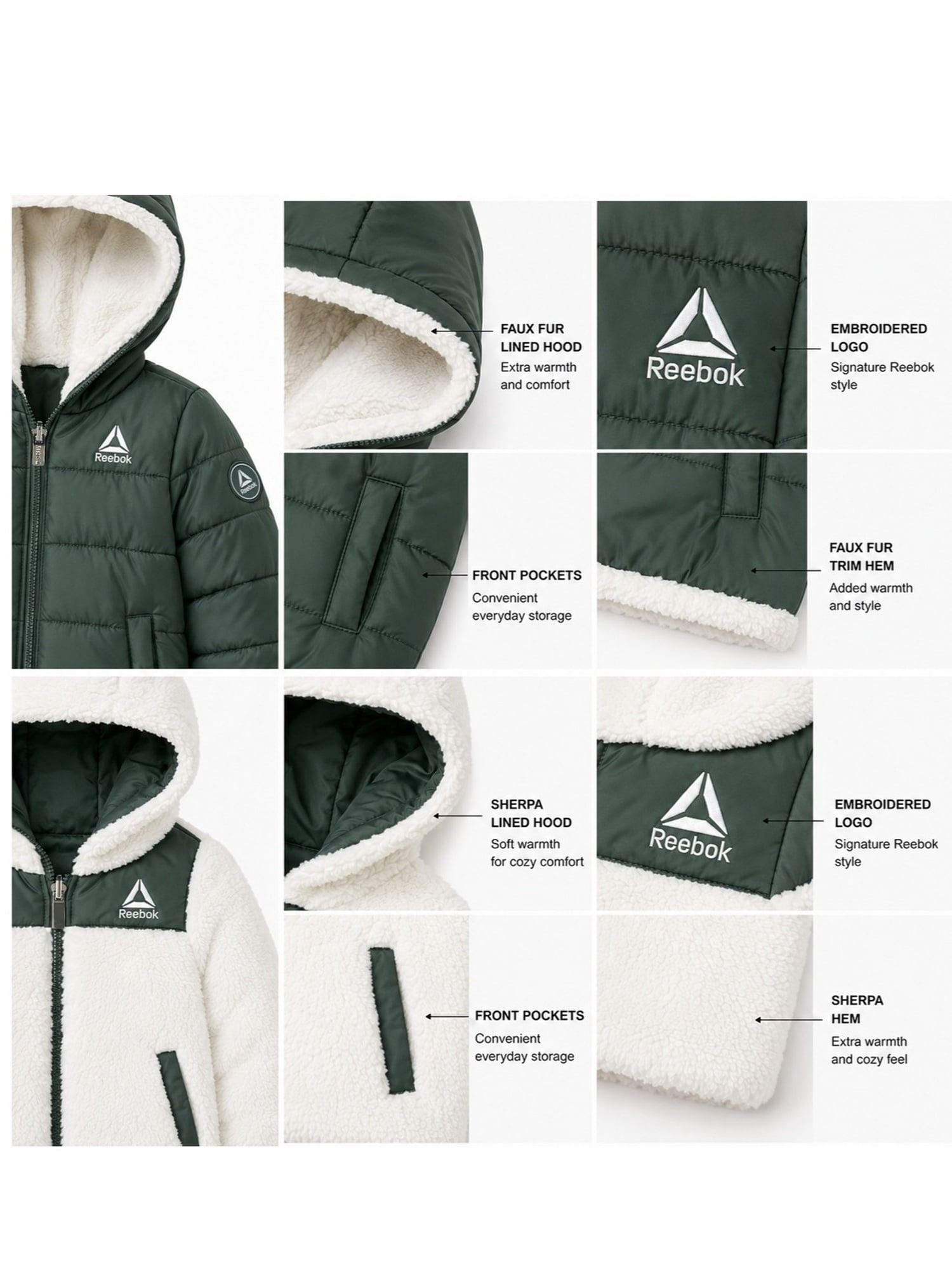 Reebok Toddler Reversible Puffer Coat, Sizes 12M-5T