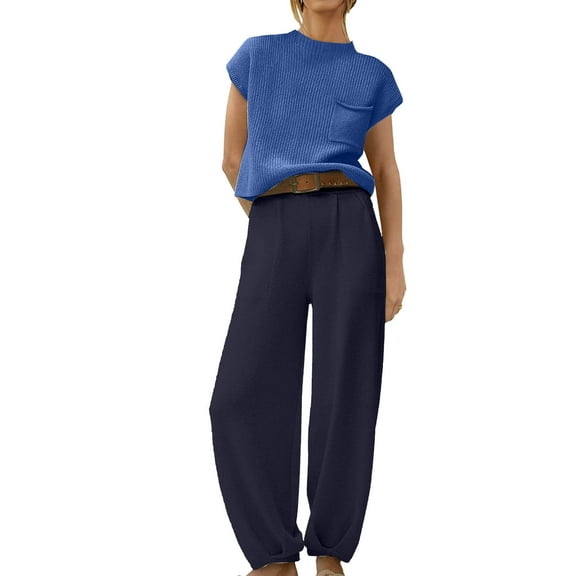 IROINNID Sweater Sets for Women Short Sleeve Knit Sweater And Breathable Oversized Pants Leisure Lounge Set,Blue