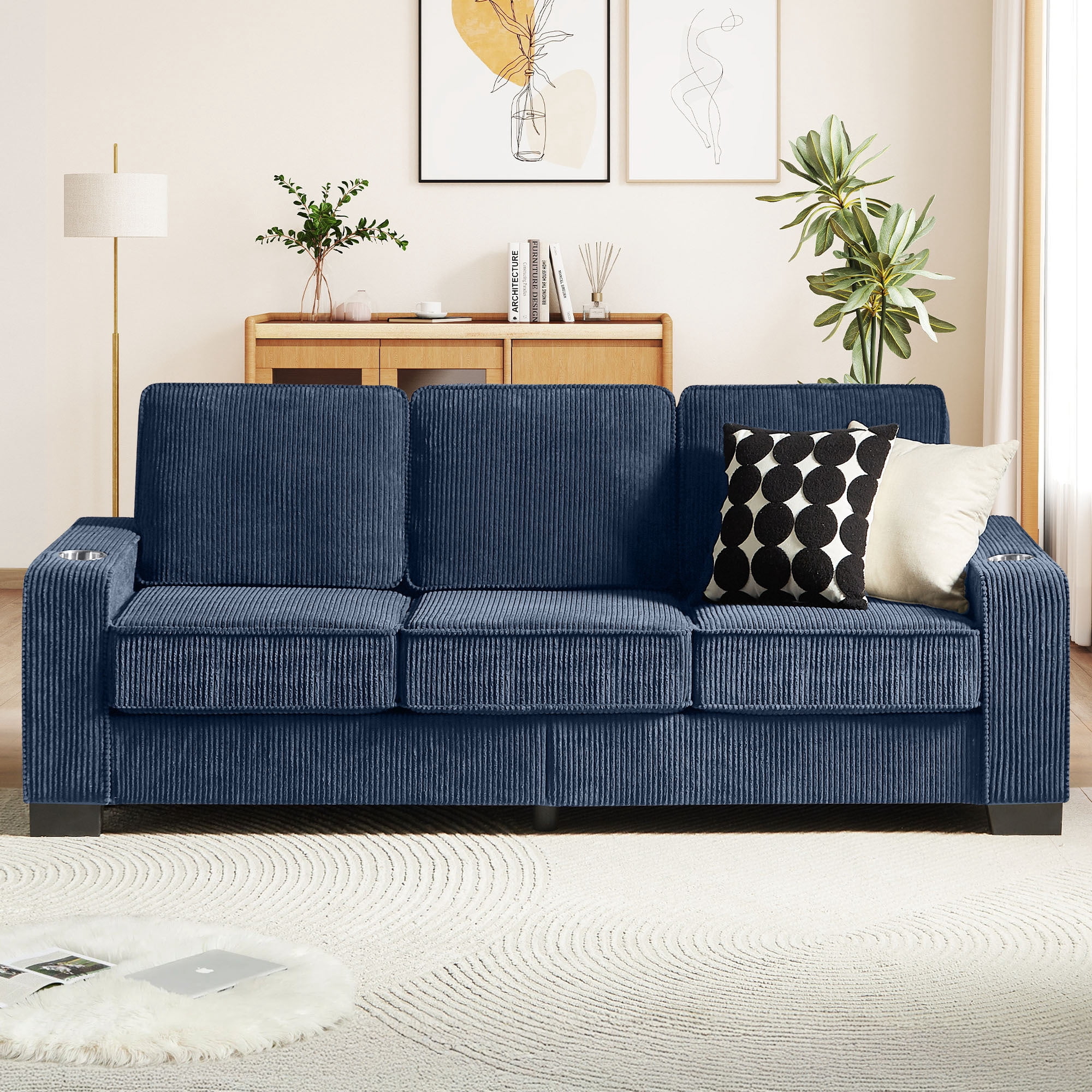 Lunale 83" Corduroy Sofa with Cup Holders, Modern 3-Seater Couch for Living Room, Apt., Blue