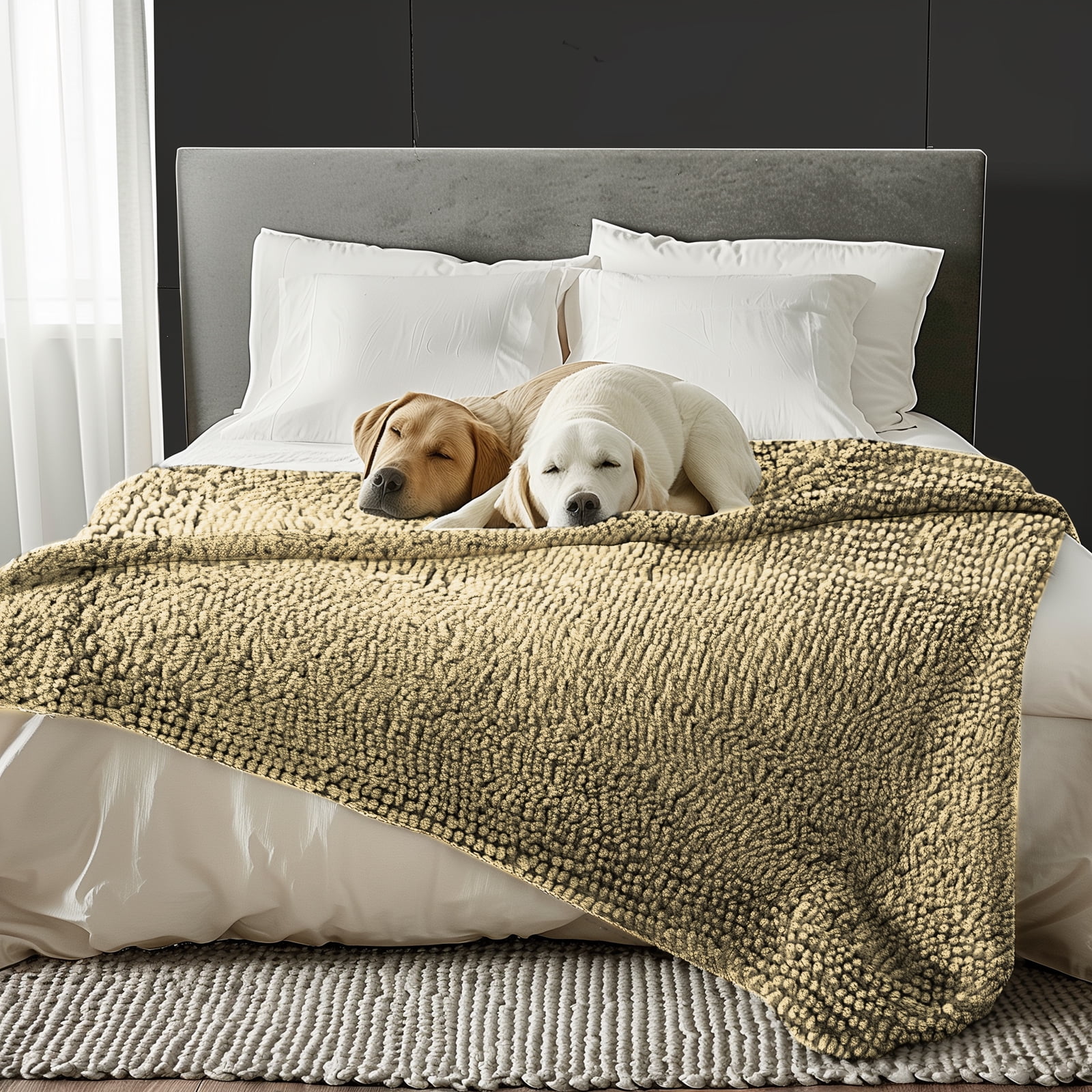 Muddy MatÂ® Dog Blanket - Chenille Water Absorption Blanket for Bed & Couch Cover for Dogs Washable, Anti-Slip Soft and Durable Furniture Protector for Dogs - Beige 48"x56"