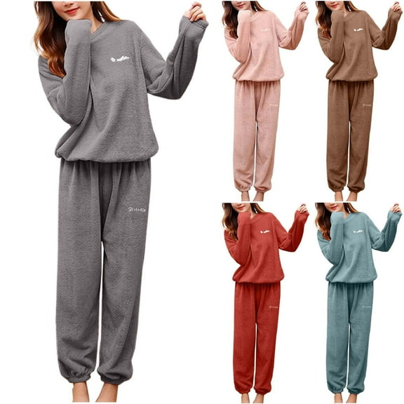 Bovxnpu Pajamas for Women Set Loungewear Set, Womens Fall Winter 2 Piece Fleece Pajamas Set Long Sleeve Pullover Soft Padded Pajamas Top and Long Pajama Pants Home Clothes