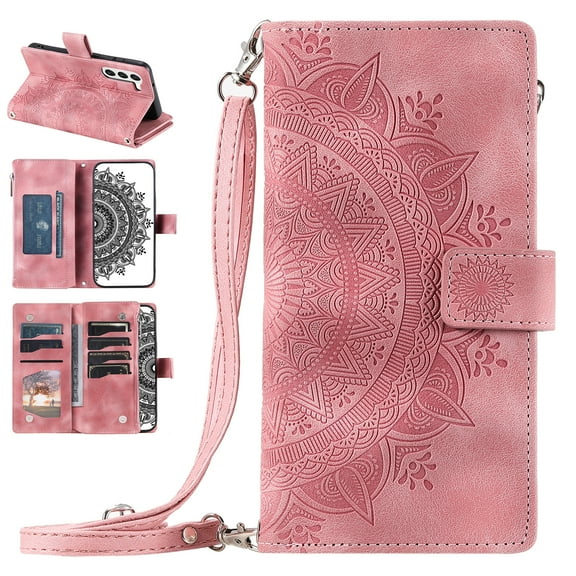 Nalacover for Samsung Galaxy A14 5G Embossed Floral Pattern PU Leather Crossbody Case with Shoulder Strap,Shockproof Magnetic Flip Kickstand Credit Card Slots Zipper Pocket Wallet Phone Case,Pink
