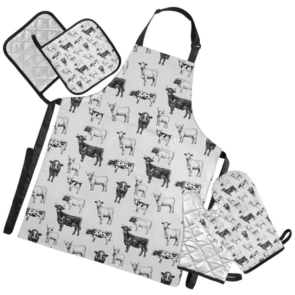 Ryvnso Retro Highland Cows Kitchen Apron Oven Mitts Set Pot Holders