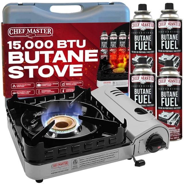Estufa de campamento portátil Chef Master de 15 000 BTU con 4 x 240 ml de butano