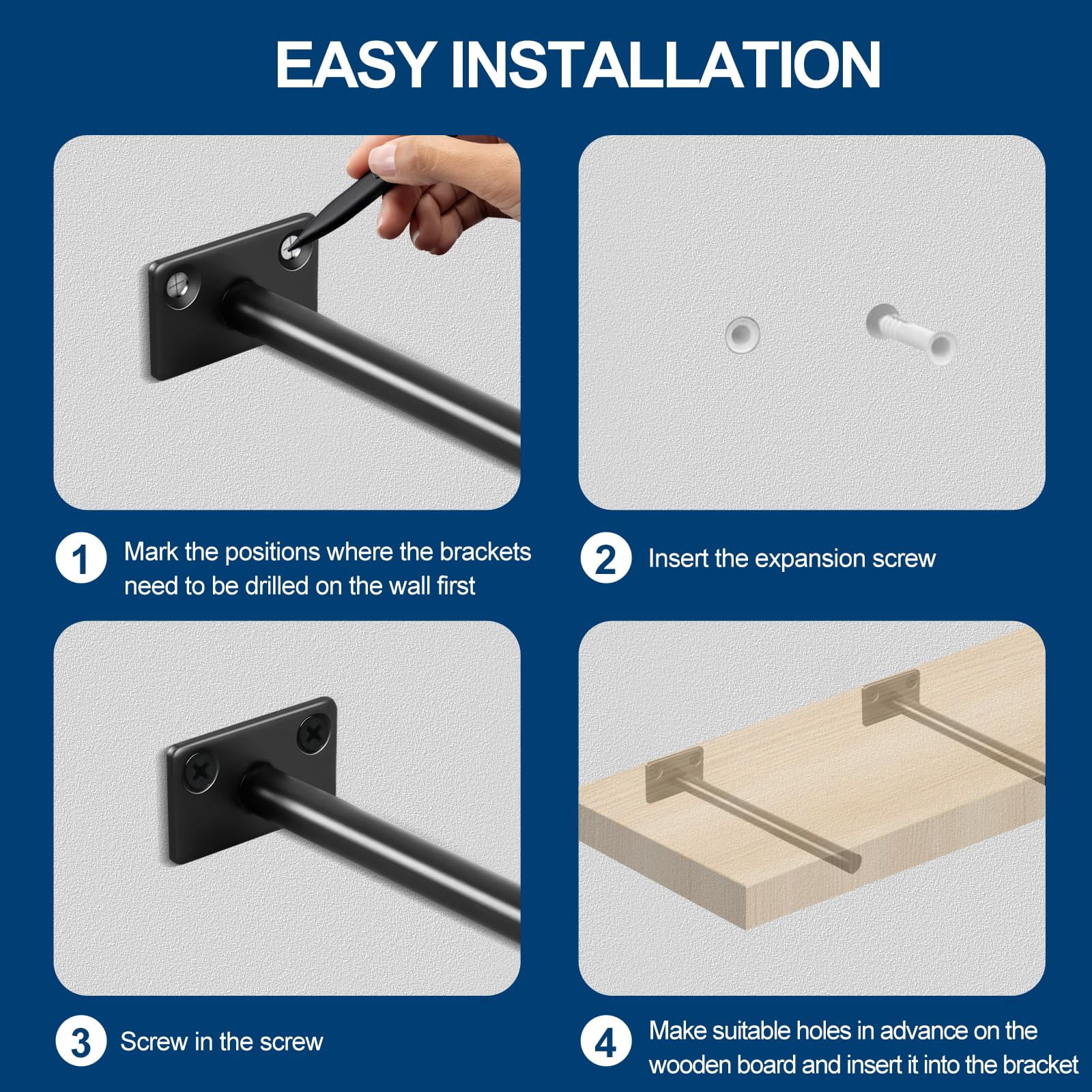 8 6" Black Solid Steel Floating Shelf Bracket Blind Supports - Brackets For Wood Shelves Concealed Support Screws And Wall Plugs Included