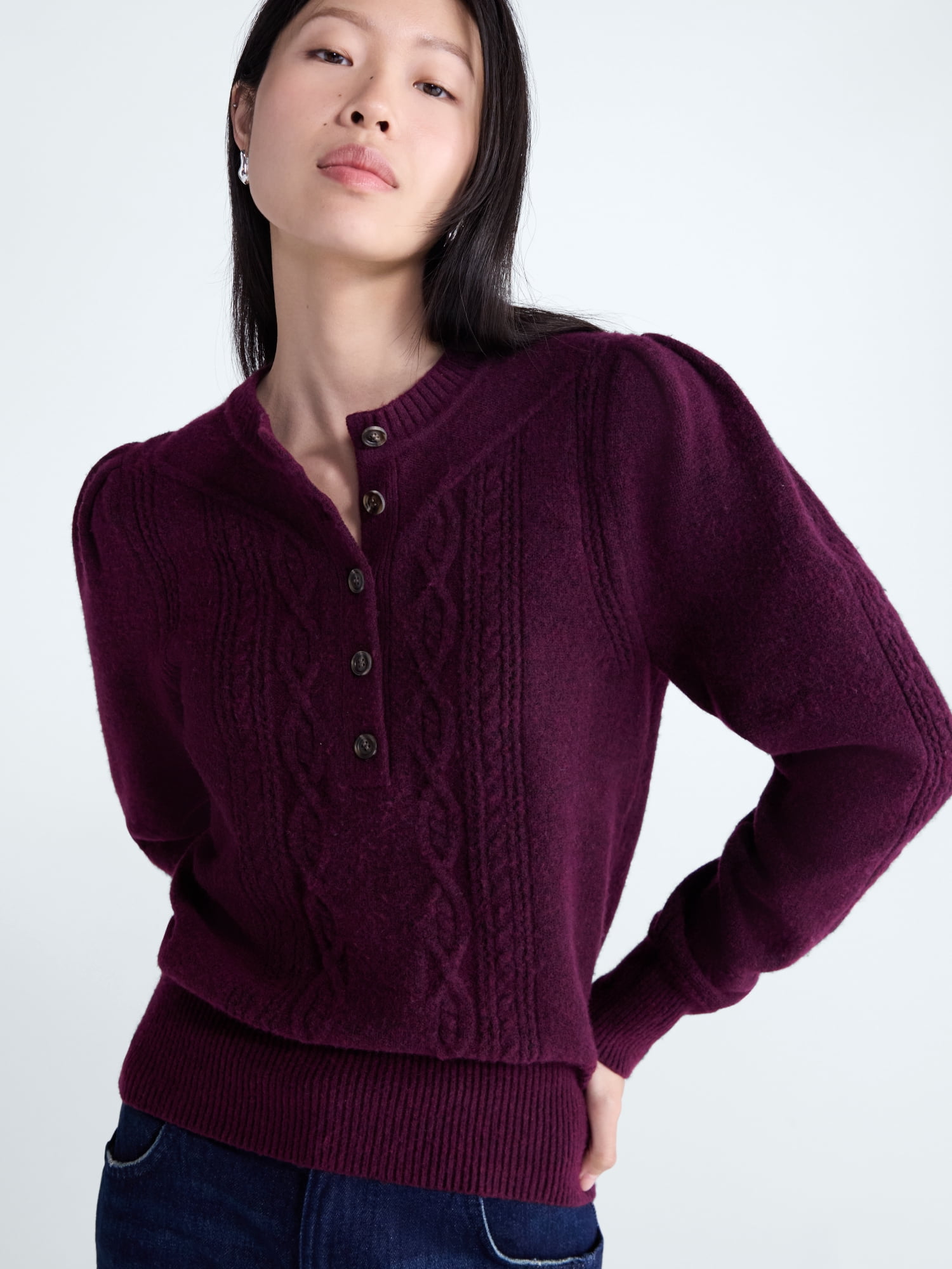 Scoop Women's and Women's Plus Cable Knit Henley Pullover, Sizes XS-4X