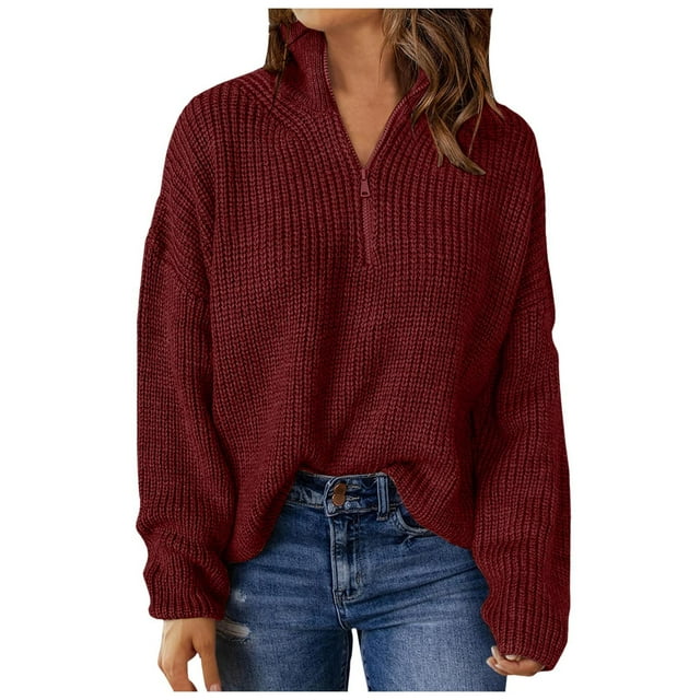 Fgnfyis Chandails pour Femmes Tricot Manches Longues Fermeture à Glissière 1/4 Chandail Col Roulé Chandail pour Femmes Chandails Rouges P