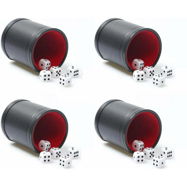 Leather Dice Cup Set, 4 Pieces, Felt Lining, Quiet Shaker With 5 Point Black