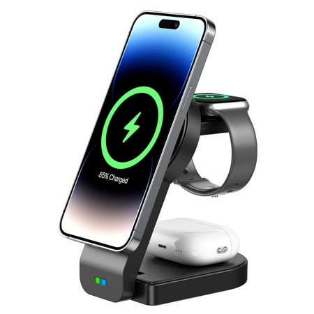 Magnetic Foldable 3 in 1 Wireless Charging Station For Apple MagSafe Charger ,15W Fast wireless Charger Stand for iPhone 14 13 12 Series Apple Watch AirPods Multiple Devices, Adjustable Angle