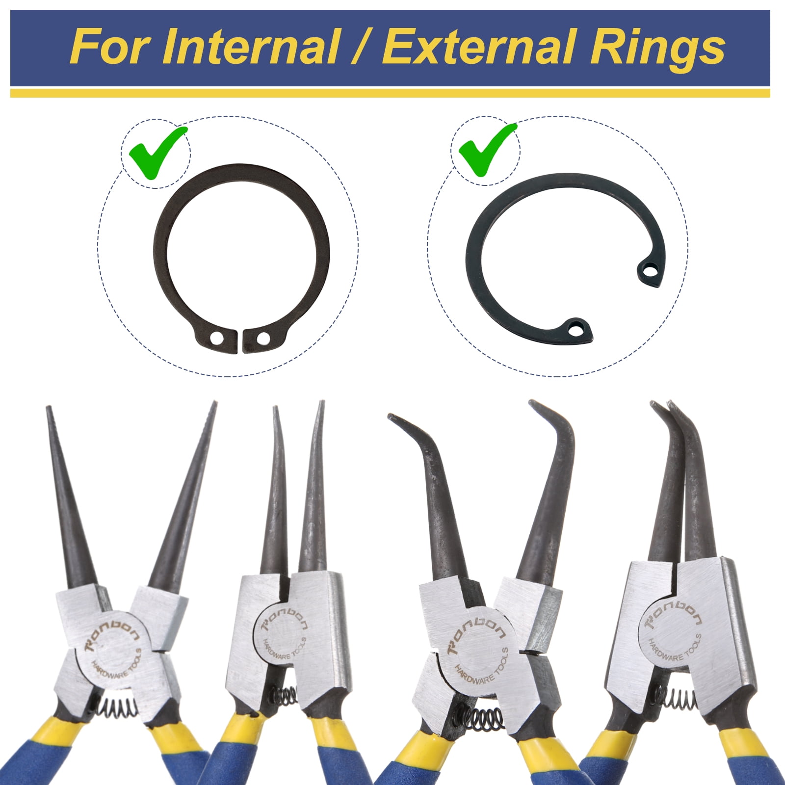 4pcs Snap Ring Plier Set 7" Internal & External Circlip Pliers with 0.09" Straight/Bent Jaw Tip with Storage Bag for Ring Remove Retaining Pliers, Blue