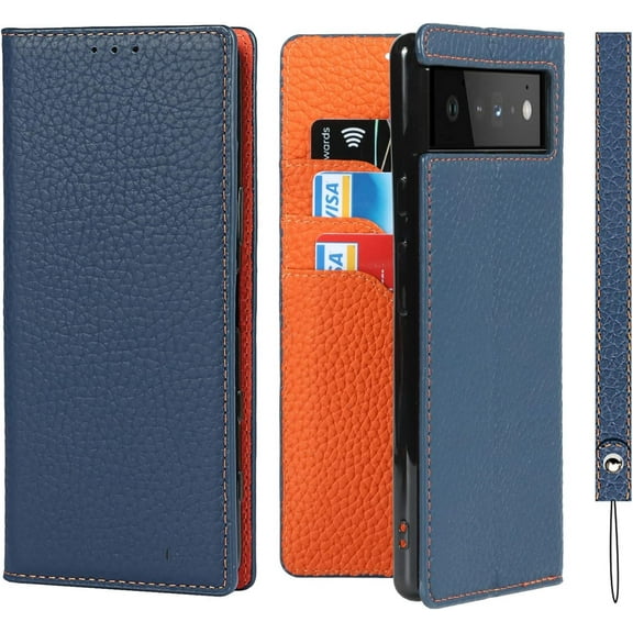 Fit for Google Pixel 6 Genuine Leather Wallet Case with RFID Blocking Card Holder,Headset Winder,Flip Folio Magnetic Closure,Kickstand,Wrist Strap Cover Case for Google Pixel 6,6.4",Dark Blue