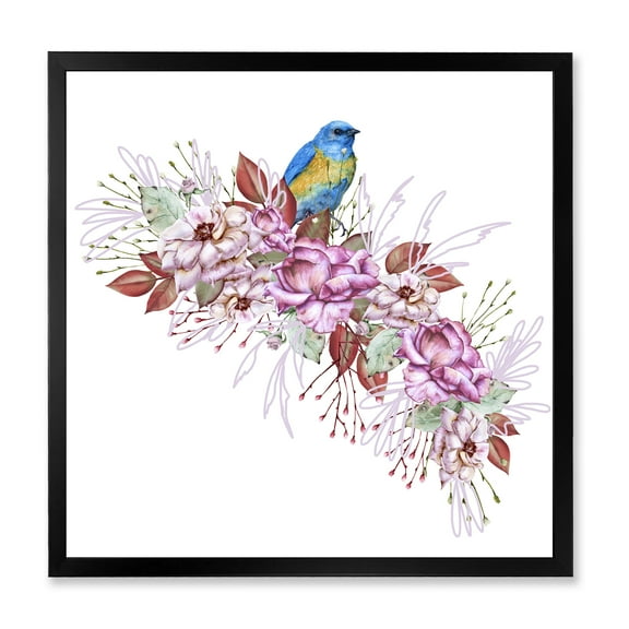 Designart 'Little Blue Bird Sitting On Colorful Boquet of Flowers' Traditional Framed Art Print