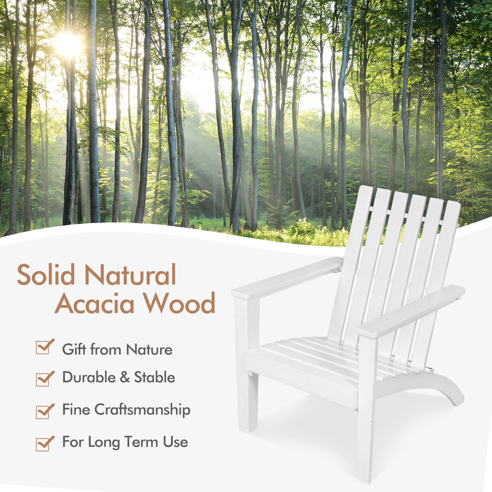 Patiojoy 2PCS Wooden Adirondack Chair W/Ergonomic Design Outdoor Lounge Armchair Acacia Wood chair for Yard&Patio White