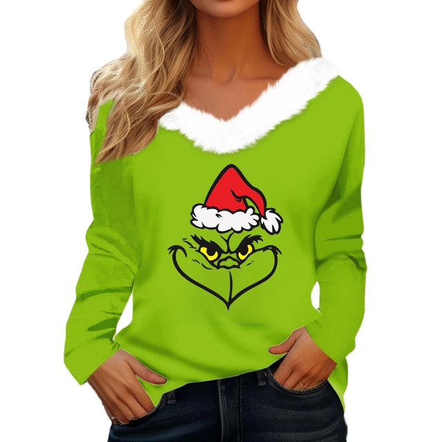 Women's Christmas Long Sleeve V-Neck T-Shirt Floral Pattern Polyester Blend Junior Fall Polyester Blend Junior Fall Winter Tee FN24749