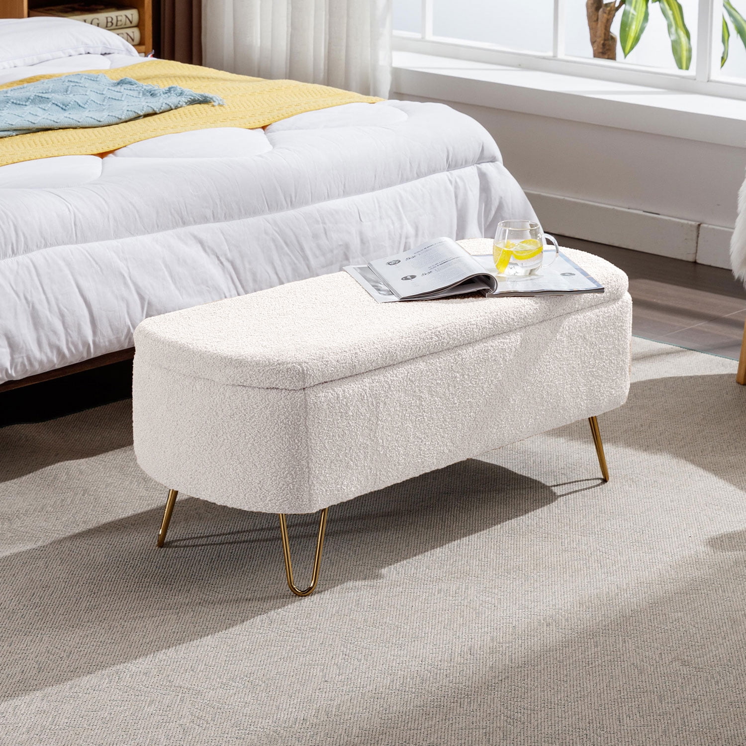 Ivory White Faux Fur Storage Ottoman Bench with Gold Legs Versatile Storage Ottoman Bench