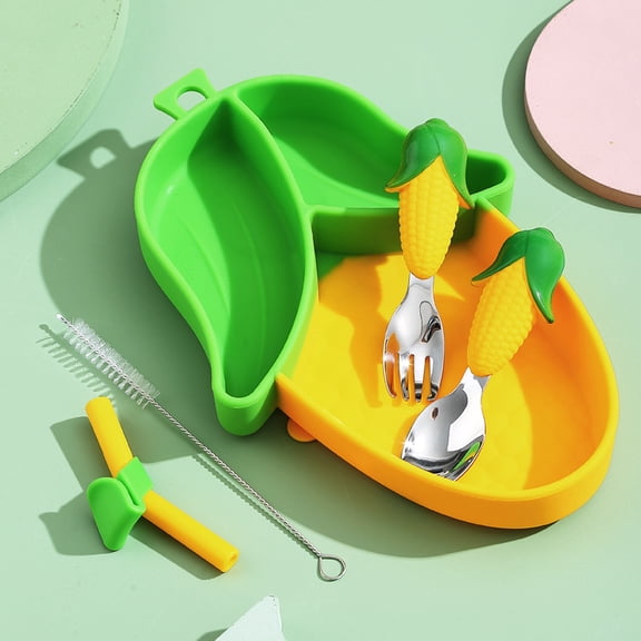 Toddler Plates with Suction, Silicone Suction Plates for Baby, Cute Corn Divided Plates and Utensils Set, Non Slip, BPA Free, Feeding Set for 1-5 years old