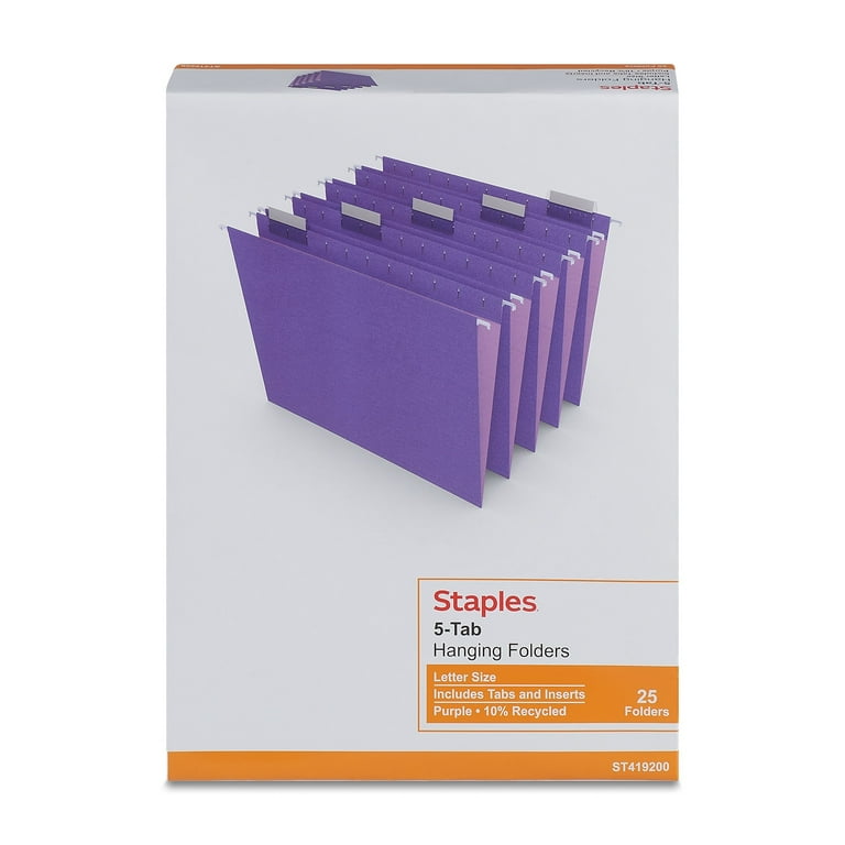 Staples Standard Size 5-Tab Hanging File Folders, Purple, 50