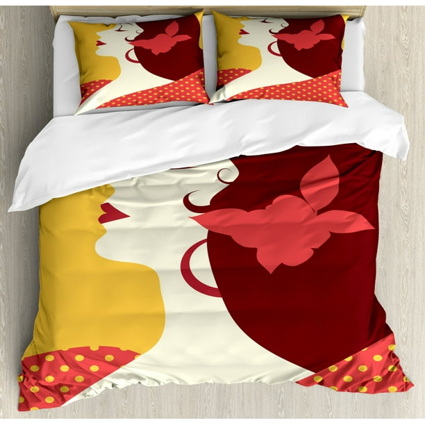 Spanish Duvet Cover Set King Size, Flamenco Woman in Retro Polka Dot